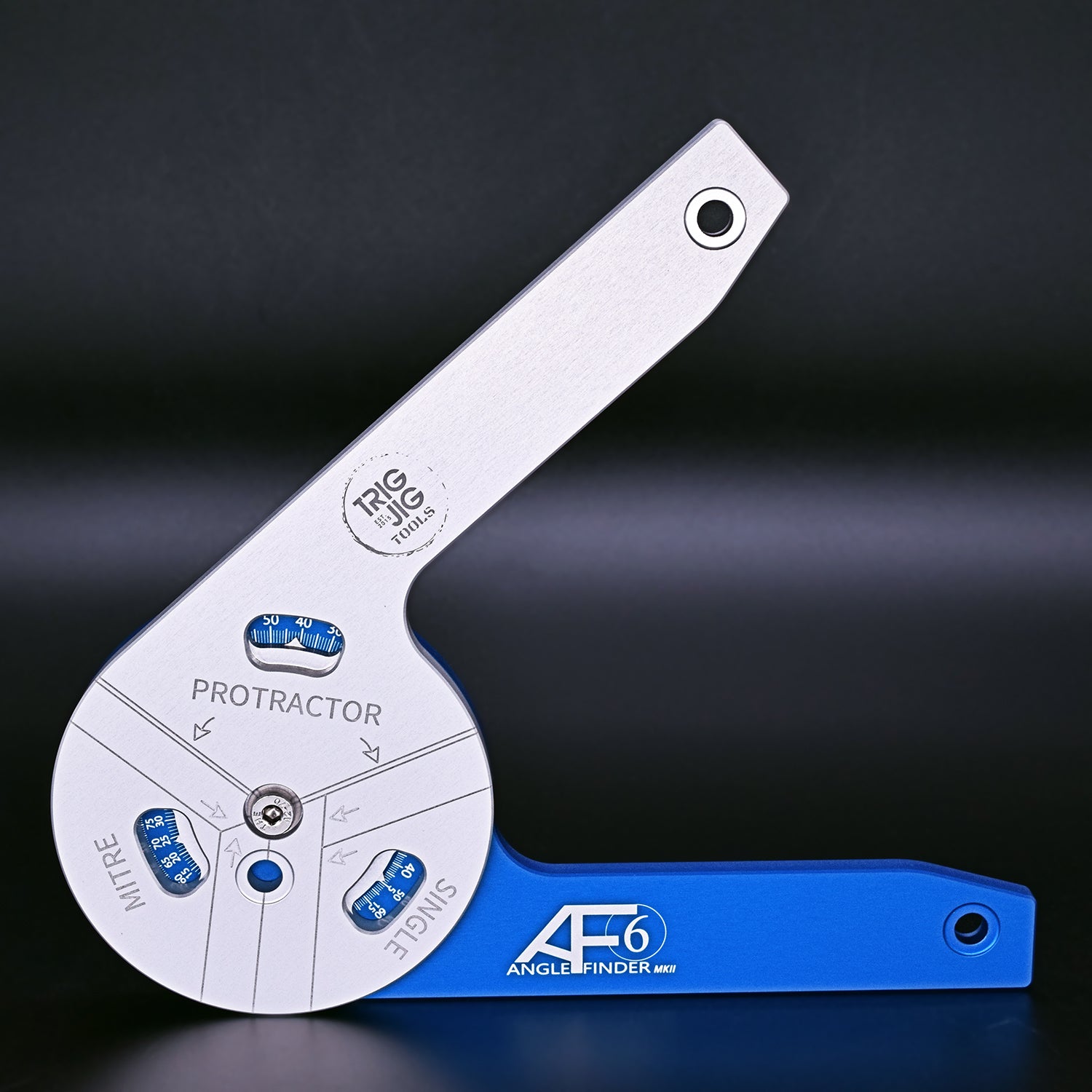 TrigJig AF6 Angle measuring tool in silver and blue