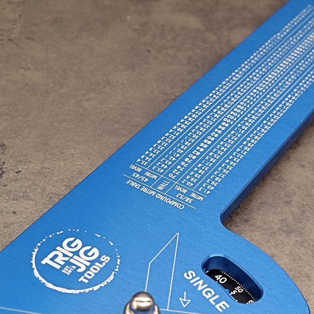 Close up of the TrigJig AF16 compound mitre table and logo