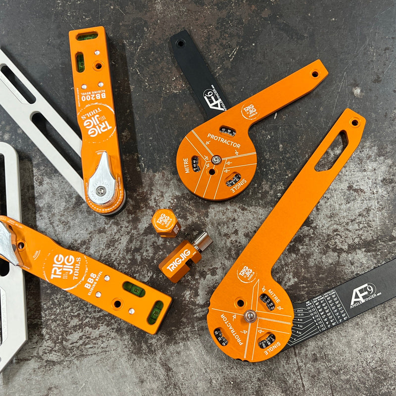TrigJig range of precision tools in black and fire orange combos