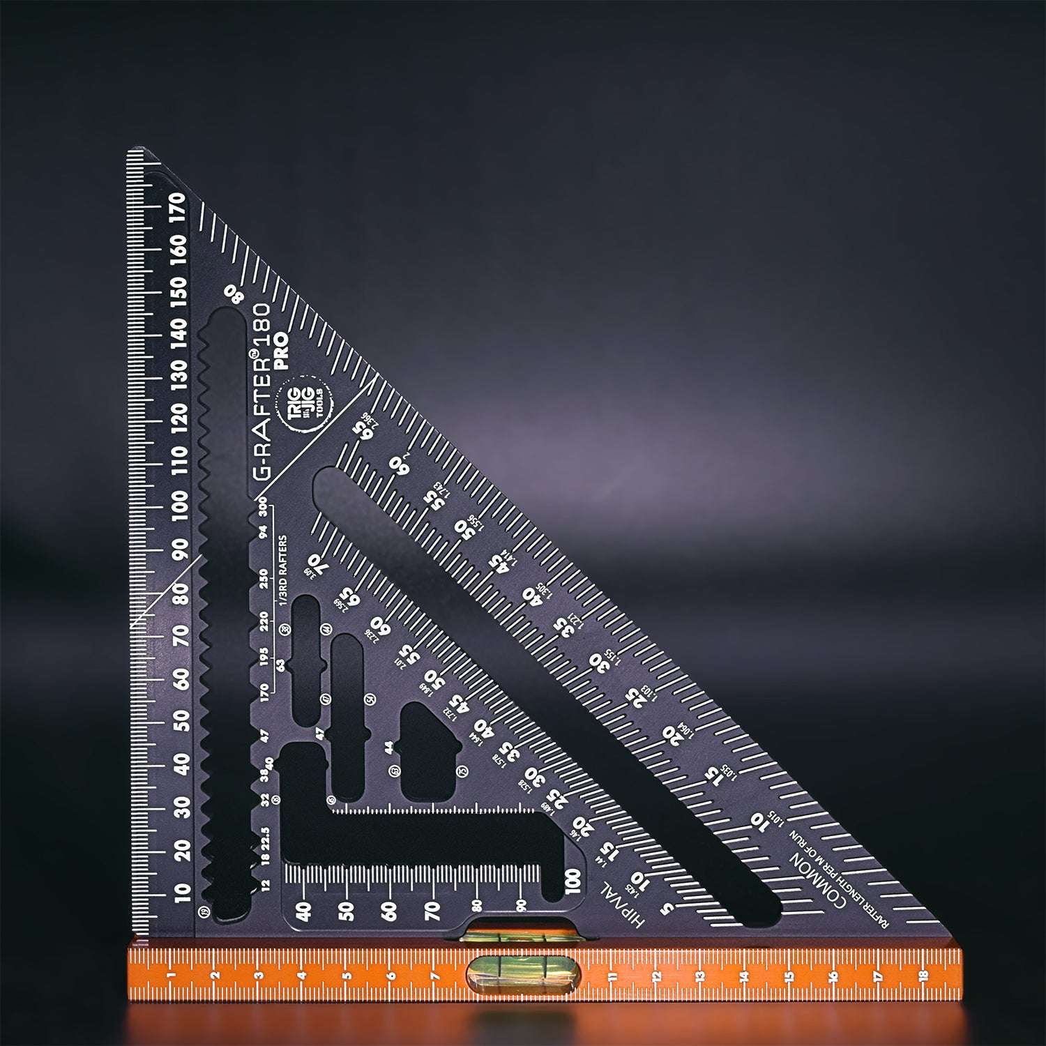 TrigJig G-Rafter 180 PRO rafter square with level orange and black